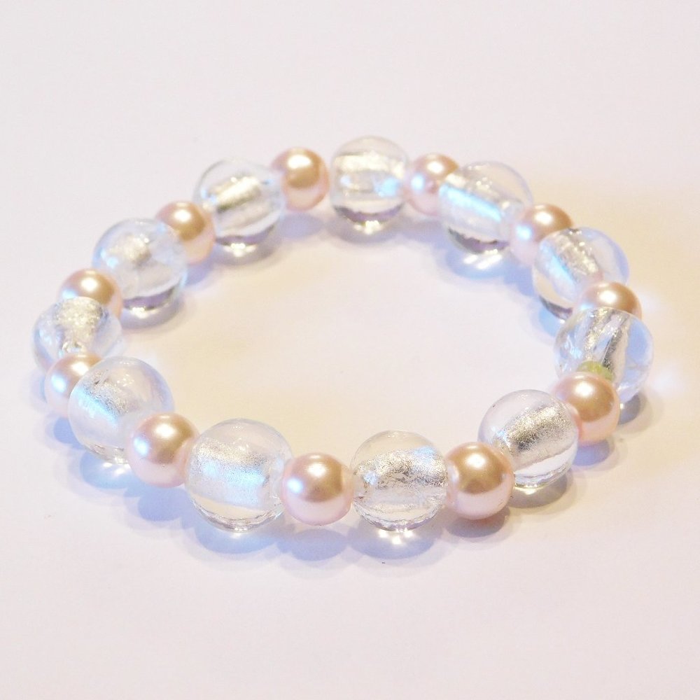 Handmade Murano Glass & Pink Faux Pearl Beaded Stretch Bracelet - 7.25"